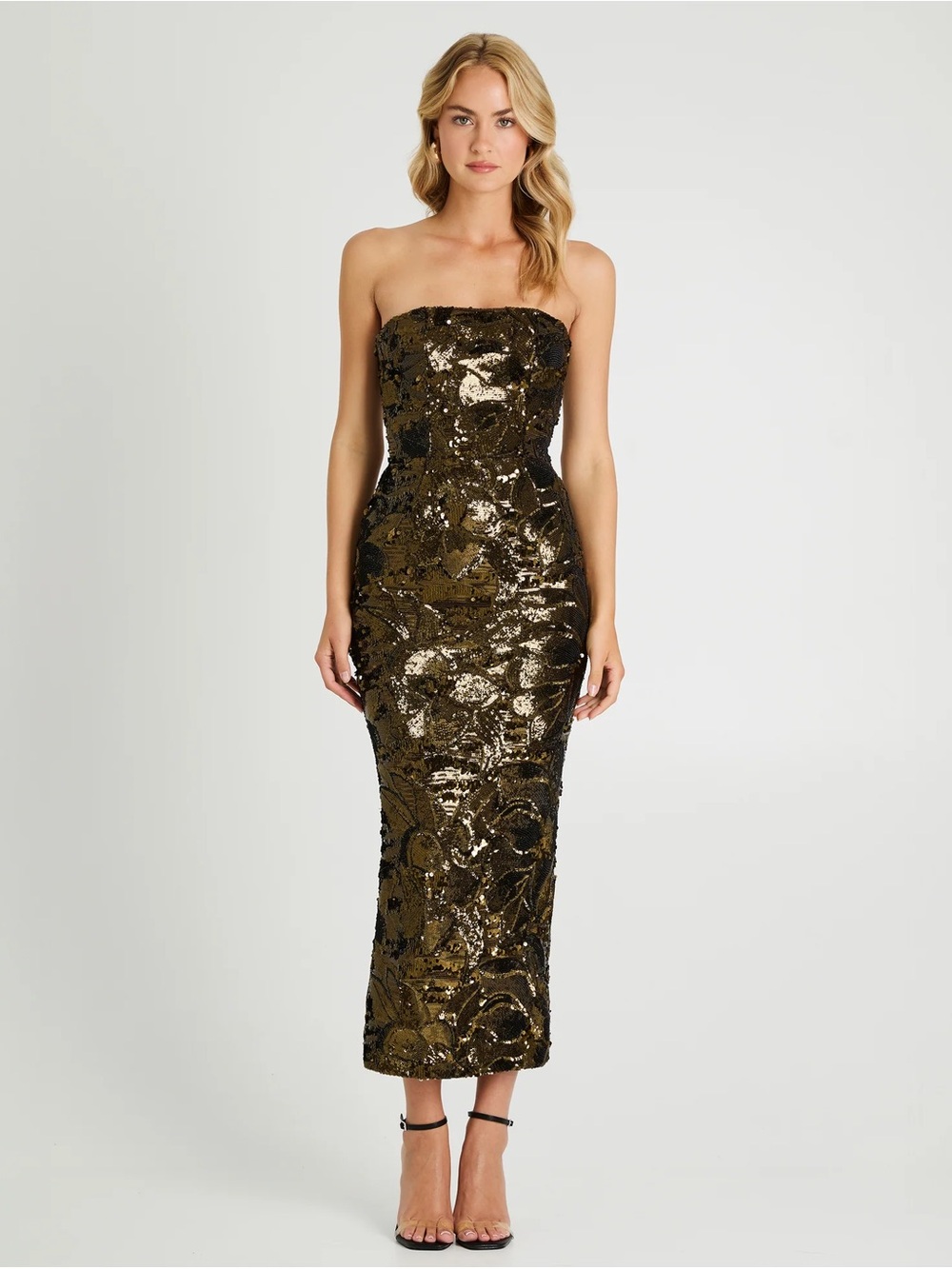 Helsi Leslie Strapless Sequin Midi Dress in Antique Bronze Size L